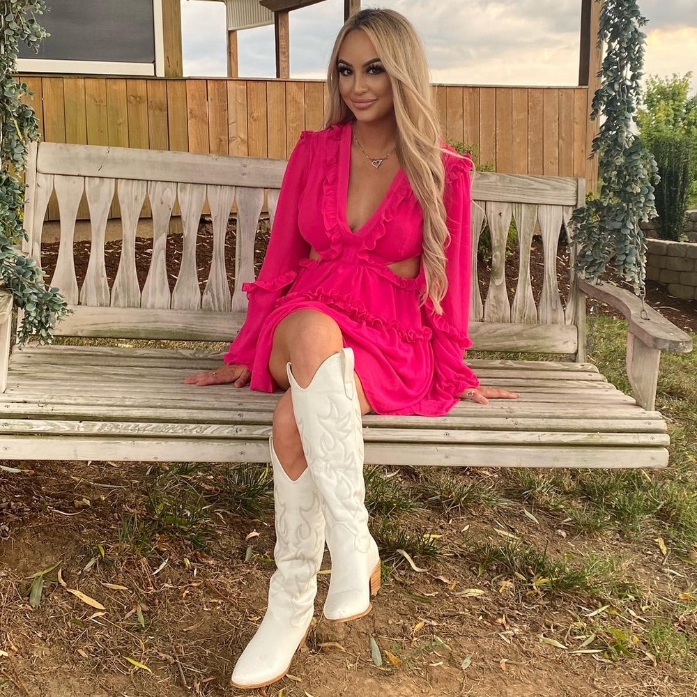 Pink long sleeve ruffle cutout dress